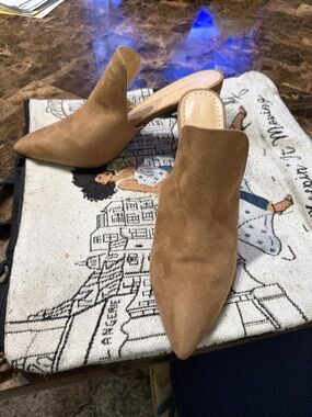 Adrienne Vittadini Tan Suede Pointed Toe Mule Heels
